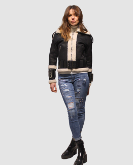 Chaqueta biker efecto piel con cuello y detalles de borreguito