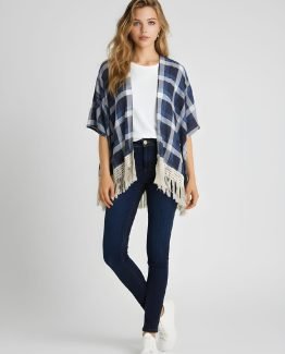 Chaqueta fina tipo kimono estampada de cuadros