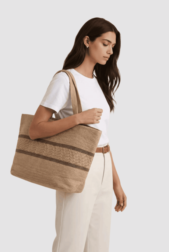 Bolso Shopper Grande de Rafia con Pedrería